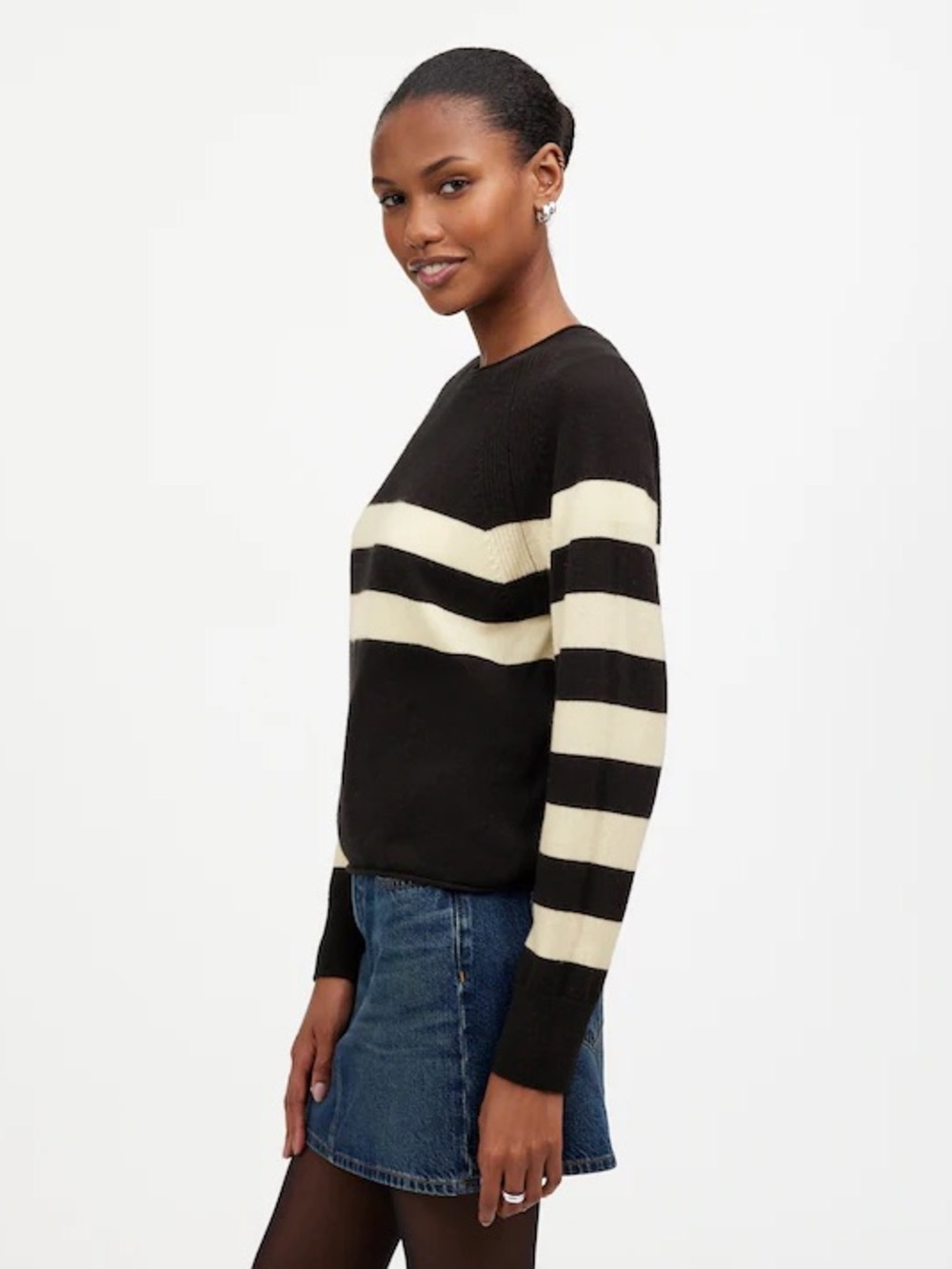 Madewell Cashmere Raglan Sweater in Stripe Black White Size Medium NWT - Picture 2 of 11